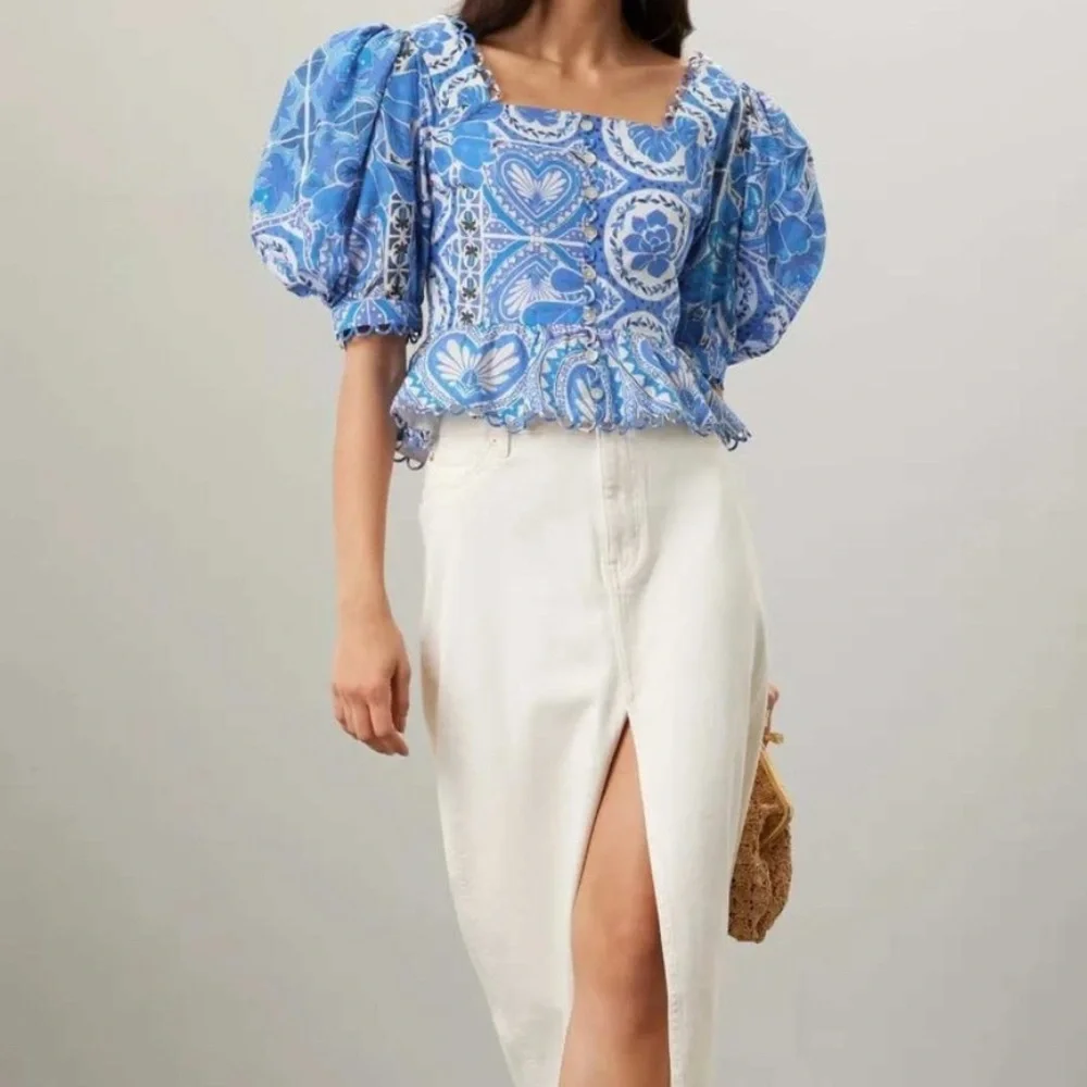 FARM Rio Blue Floral Patchwork Puff Sleeve Blouse